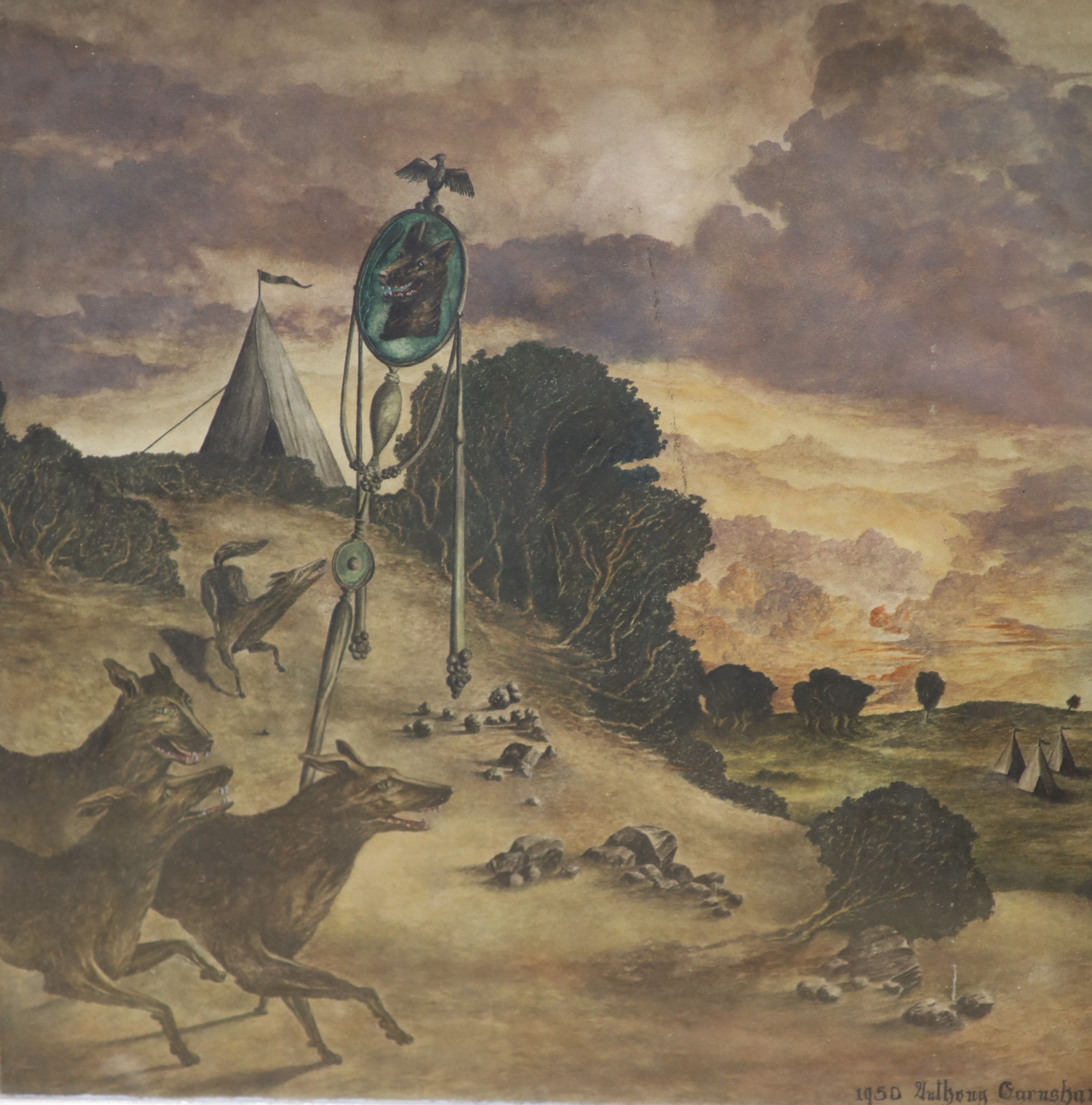 Anthony Earnshaw (1924-2001), two watercolours, Wolves near a military encampment, 37 x 38cm and Wolves head beside a tower, signed, 31 x 25cm, one dated 1950